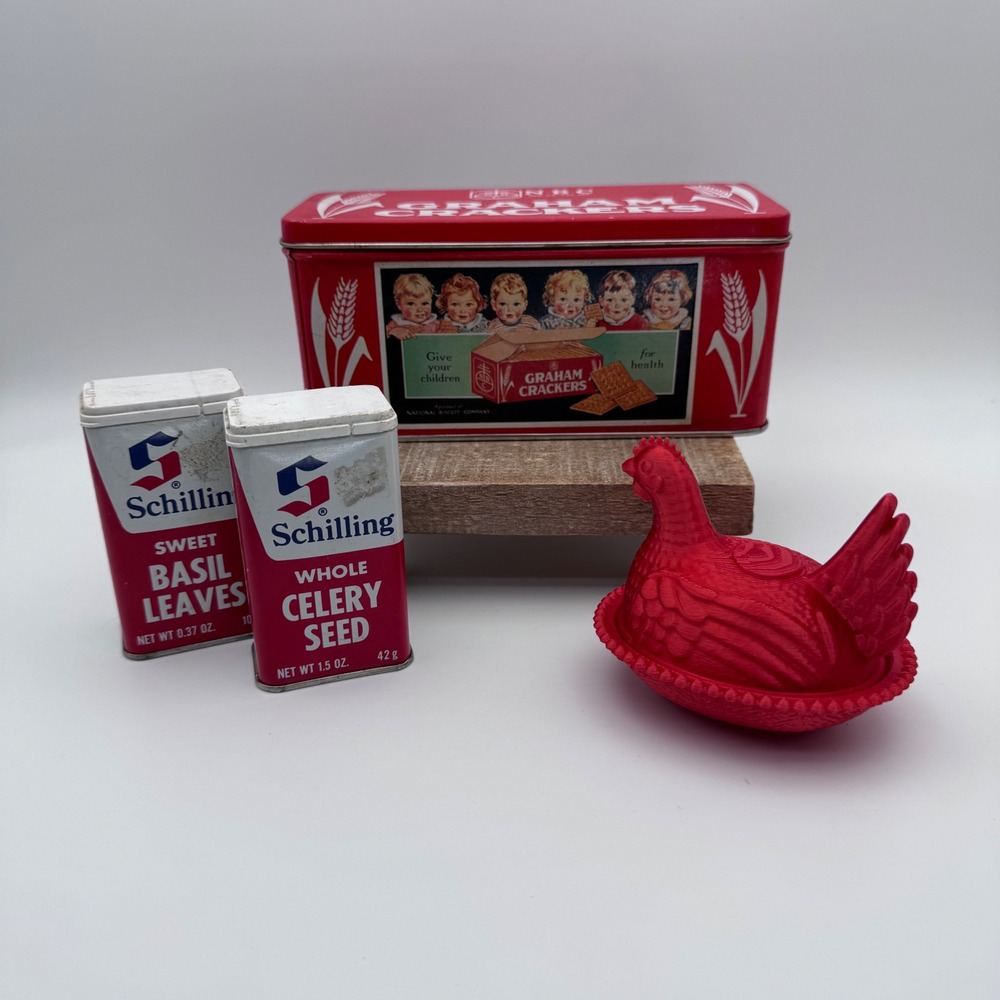 Vintage Graham Crackers Tin Schilling Spice Tins Plastic New Red Hen Nest Decor